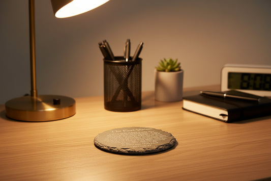 Why put the First Vision on a coaster you might ask.
The First Vision is one of the most important verses to memorize for Missionaries, and all members of the Church of Jesus Christ of Latter Day Saints.
This coast would sit by the bed or on a desk and will assist someone in memorizing this great verse.
Made of slate, with the wording engraved into it.